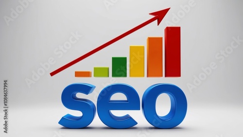 Seo growth concept with 3d text bar graph and upward arrow on white background