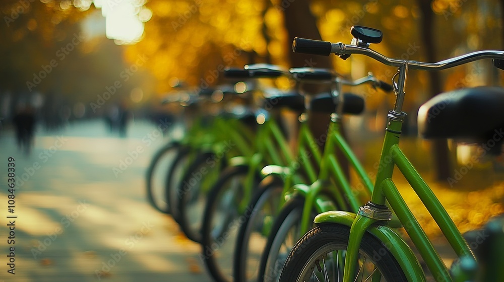 Naklejka premium Green bicycles lined up along a sunlit park pathway during autumn, showcasing vibrant fall foliage in the background
