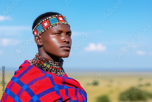 Young Maasai Man in Traditional Attire Against Vast African Landscape