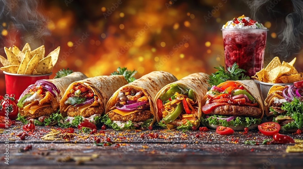 Naklejka premium Delicious Burritos and a refreshing drink, perfect for a satisfying meal!