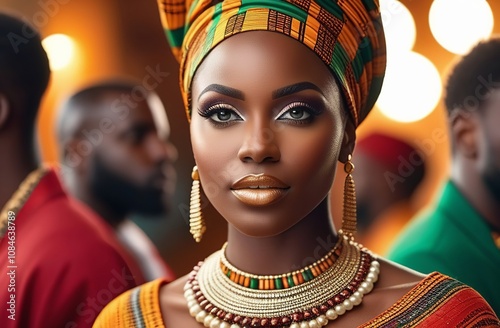 Kwanzaa Holiday celebration. Traditional African Festival. Beautiful young black woman in traditional African attire. Blurred background with black men. African Americans remember, respect their roots photo