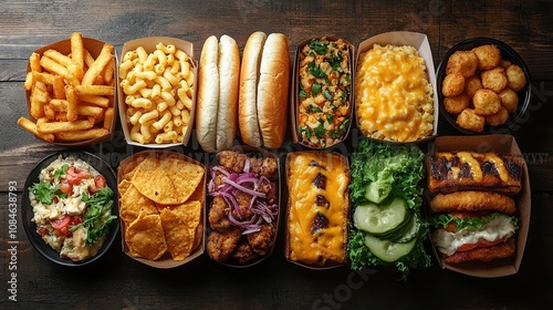 A Delicious Spread of Fast Food Classics: French Fries, Mac and Cheese, Hot Dogs, and More! photo