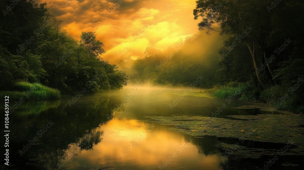 Golden Hour Serenity: Misty River Reflecting Sunset Golden Hour Serenity: Misty River Reflecting Sunset