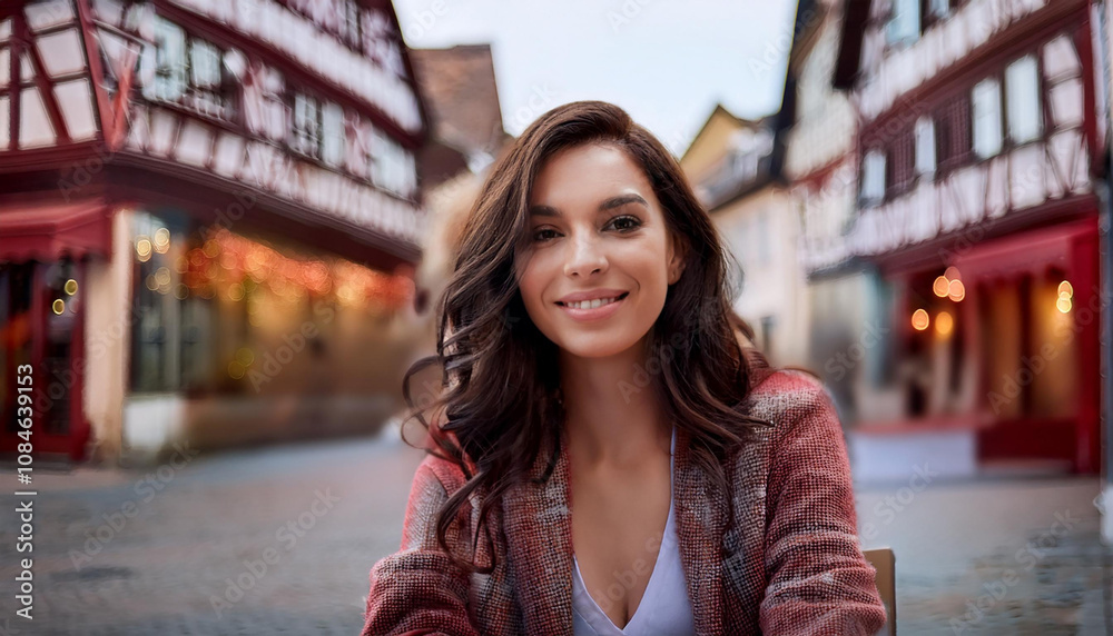 Fototapeta premium Junge Frau in einem Café in der Altstadt