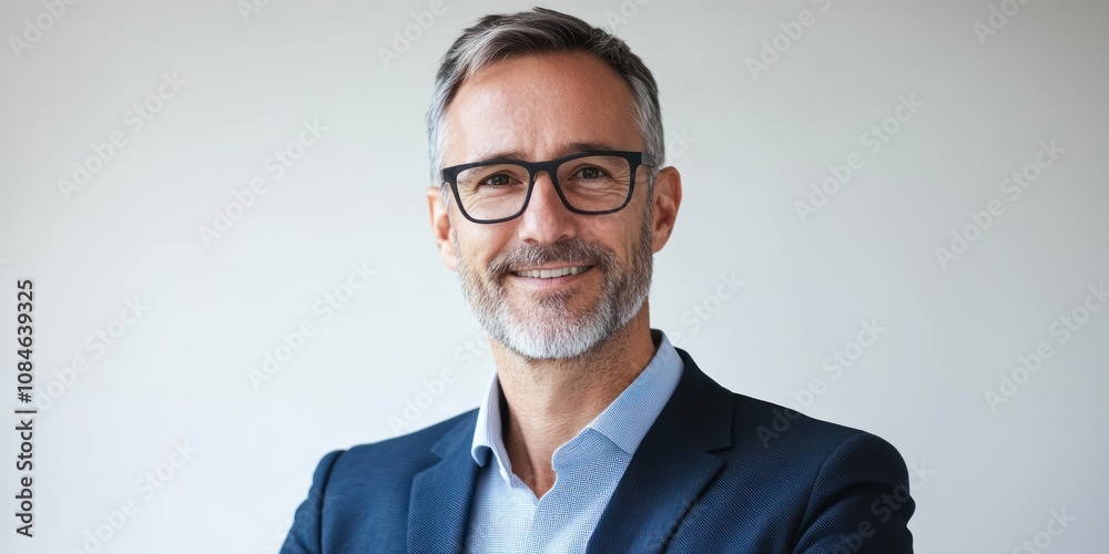 Portrait of a Smiling Middle-Aged Man in a Blue Suit and Glasses Portrait of a Smiling Middle-Aged Man in a Blue Suit and Glasses