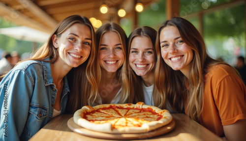 Four Friends Enjoying Pizza at a Cafe