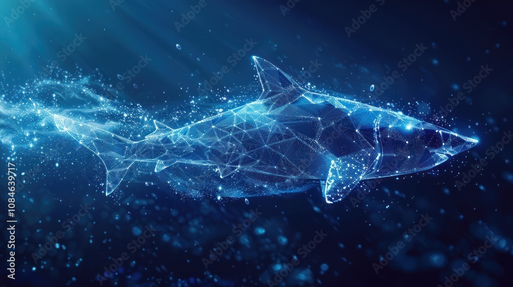 A stylized shark made of glowing blue lines and dots swims through the water. A stylized shark made of glowing blue lines and dots swims through the water.
