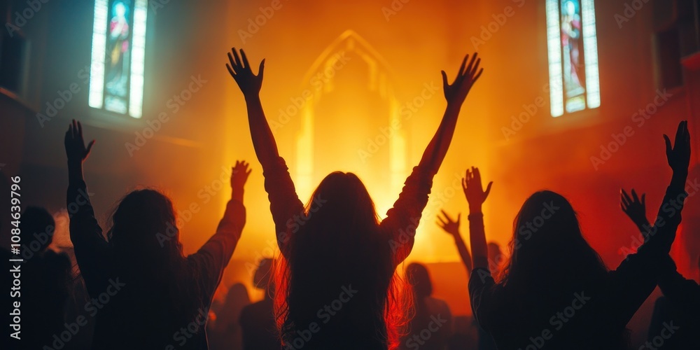 Fototapeta premium Silhouetted Figures with Raised Hands in a Church Setting