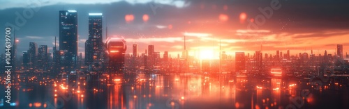 Futuristic city skyline at sunset with glowing lights reflecting in water.