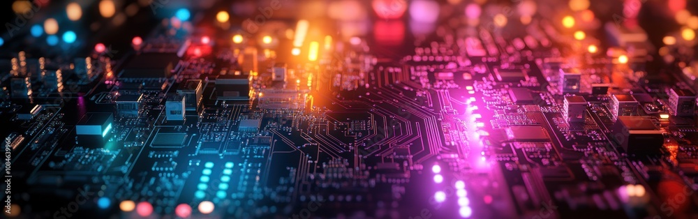 Close-up of a circuit board with colorful glowing lights. Close-up of a circuit board with colorful glowing lights.
