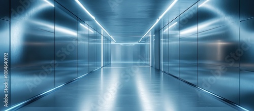 Empty futuristic corridor with metallic walls and bright blue neon lights.