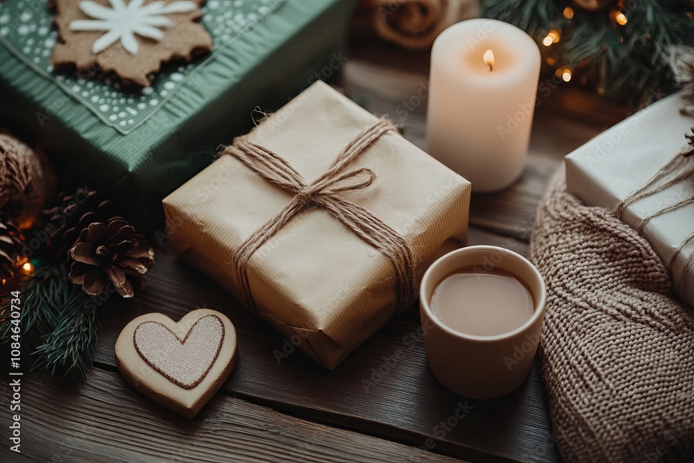 Cozy gift with candle and coffee on brown paper. Cozy gift with candle and coffee on brown paper.