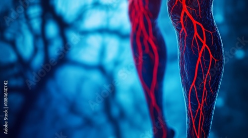 Detailed view of human legs showcasing vibrant red vascular structures against a blue-toned background