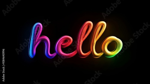 Colorful neon hello sign illuminated against a dark background, showcasing vibrant hues with a smooth, fluid design