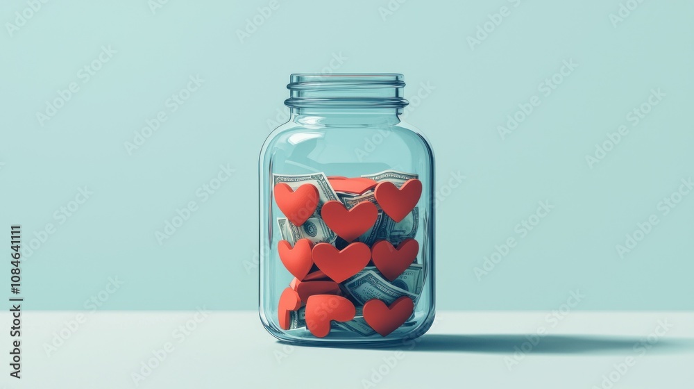 Glass Jar Filled with Red Hearts and Dollar Bills Glass Jar Filled with Red Hearts and Dollar Bills