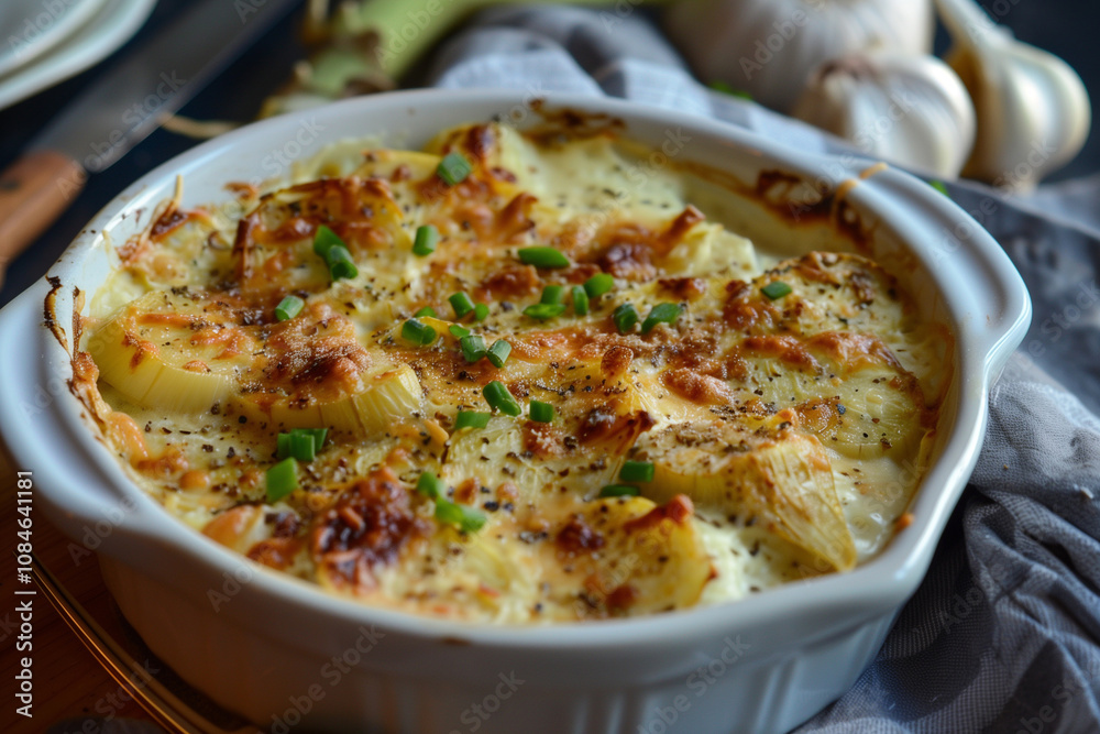Creamy potato gratin or casserole with ham, leek, and cheese crust. Rustic autumn winter recipe Creamy potato gratin or casserole with ham, leek, and cheese crust. Rustic autumn winter recipe