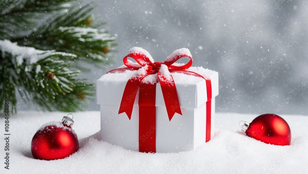 Festive winter scene with gift box christmas ornaments and snowy pine branches Festive winter scene with gift box christmas ornaments and snowy pine branches