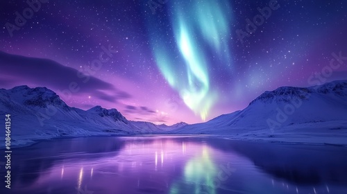 A stunning view of the aurora borealis reflected in a frozen lake, with snow-covered mountains in the background and a starry sky above.