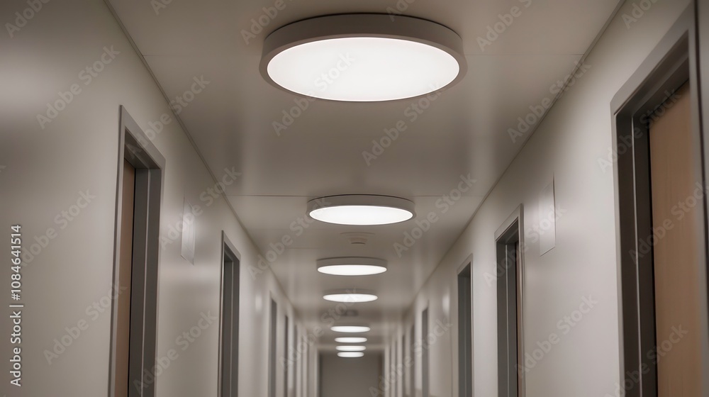 A contemporary flush-mount ceiling light fixture installed in a hallway, providing bright and even illumination for safe passage through the space. A contemporary flush-mount ceiling light fixture installed in a hallway, providing bright and even illumination for safe passage through the space.