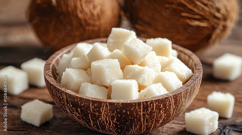 Sweet Coconut Cubes in Coconut Bowl: Tropical Delight Sweet Coconut Cubes in Coconut Bowl: Tropical Delight