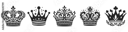 Royal Crown Vector  Elegant Black Crown Silhouettes Symbolizing Power and Authority on Black and White Background