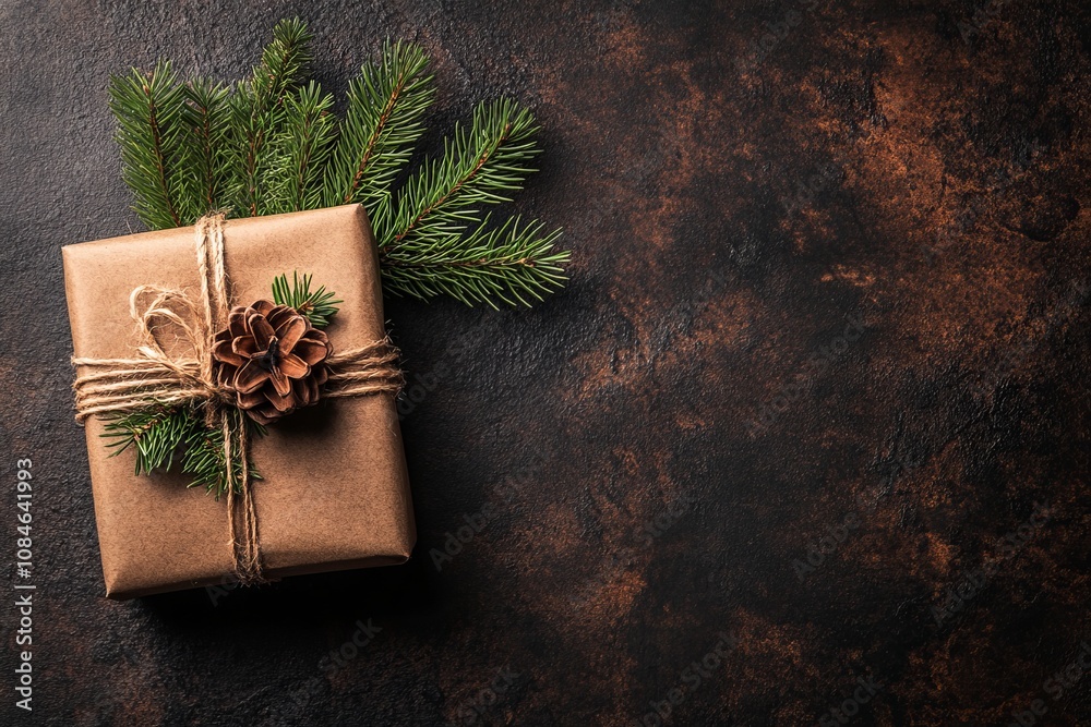 A rustic gift wrapped in brown paper adorned with pine cones, creating a cozy and natural holiday vibe. A rustic gift wrapped in brown paper adorned with pine cones, creating a cozy and natural holiday vibe.