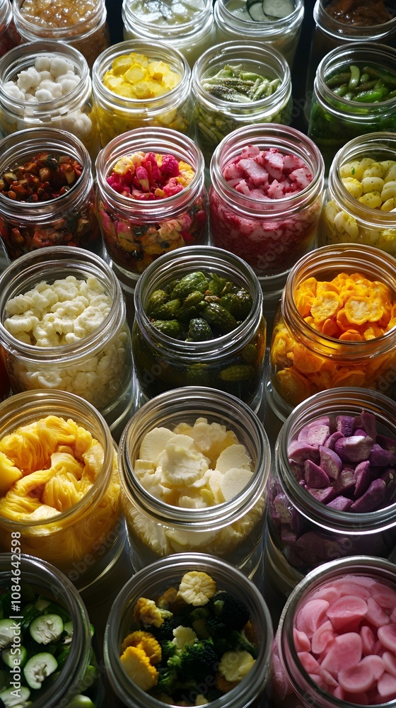 Colorful Array of Preserved Vegetables in Jars Showcasing Various Pickling Methods and Ingredients at a Farm Market or Culinary Event Colorful Array of Preserved Vegetables in Jars Showcasing Various Pickling Methods and Ingredients at a Farm Market or Culinary Event