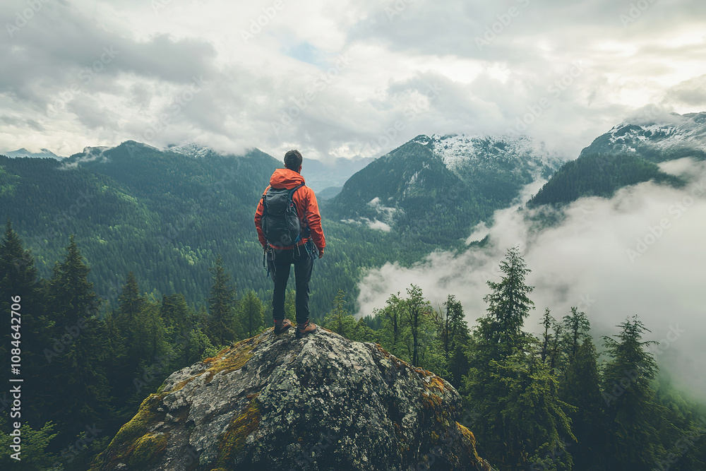 Adventurer observing mountain landscape surrounded by misty clouds, outdoor activities, hiking Adventurer observing mountain landscape surrounded by misty clouds, outdoor activities, hiking