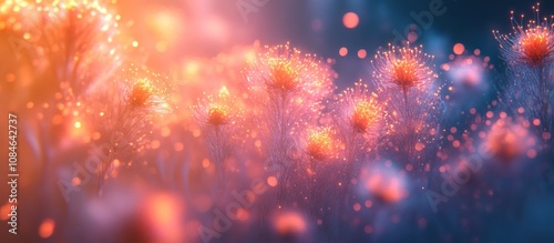 Abstract glowing flowers in a field with a soft, dreamy background.