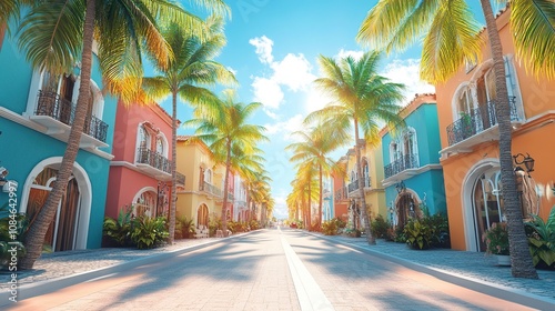 A vibrant street lined with colorful buildings and palm trees under a bright sky.