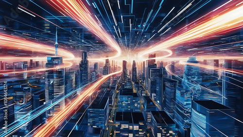 Speed Light Motion Background - Digital City, Tech Concept, Data Trail