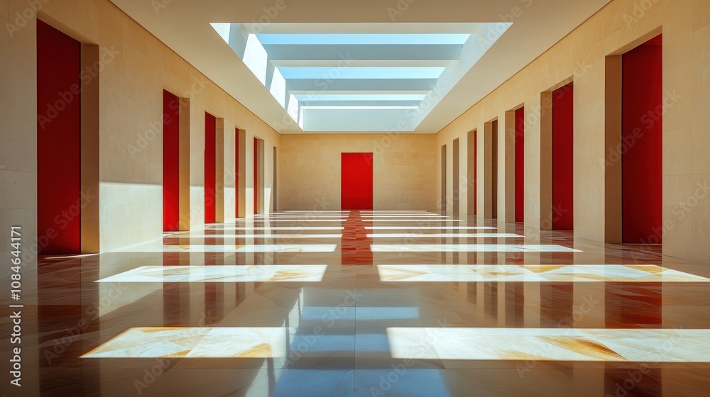 Fototapeta premium A long hallway with red doors and a skylight, light reflecting on the floor.
