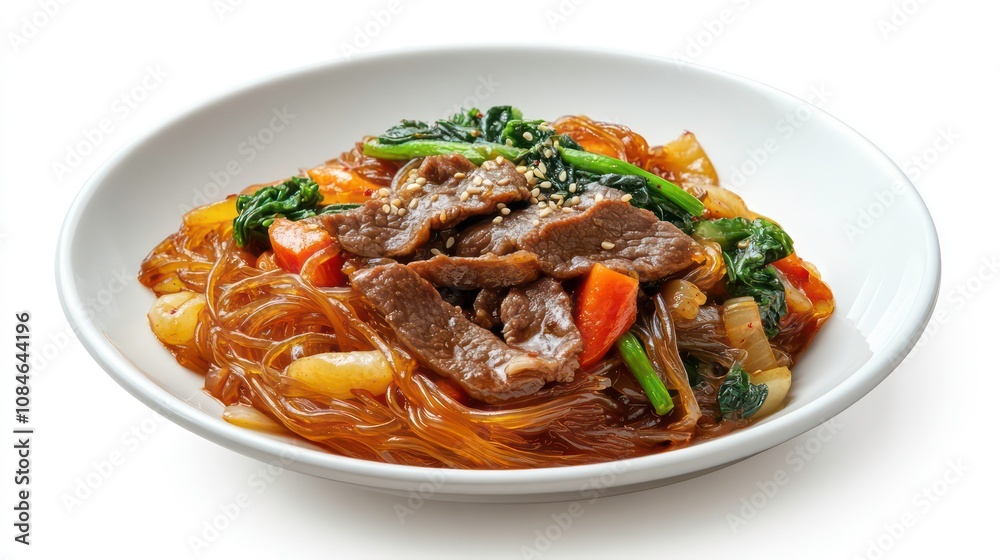 A beautifully plated serving of Korean japchae (stir-fried glass noodles) with vegetables, beef, and a savory sauce, set against a white backdrop to highlight the dish glossy appearance A beautifully plated serving of Korean japchae (stir-fried glass noodles) with vegetables, beef, and a savory sauce, set against a white backdrop to highlight the dish glossy appearance