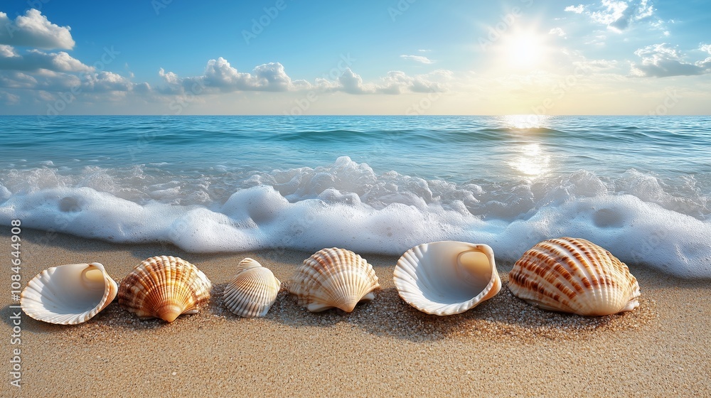 A tranquil seaside scene featuring seashells resting on the sandy shore as gentle waves create soft foam at the water’s edge. A tranquil seaside scene featuring seashells resting on the sandy shore as gentle waves create soft foam at the water’s edge.