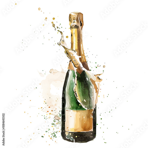 A watercolor vector of a Champagne bottle popping, isolated on a white background. Champagne vector.