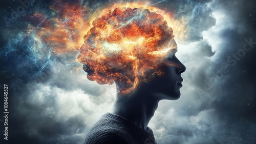 A human mind set against a cosmic background, featuring a detailed brain and face merging with the universe