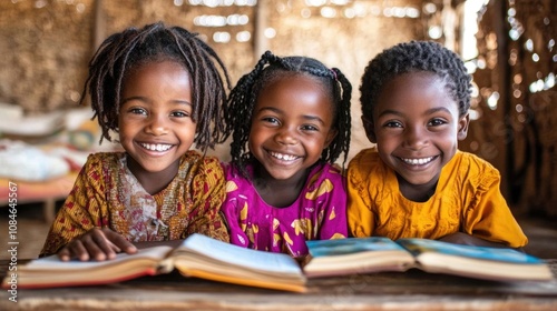 equality education volunteer service concept picture of underprivileged and poor black African primary student is reading text book while learning at school. photo