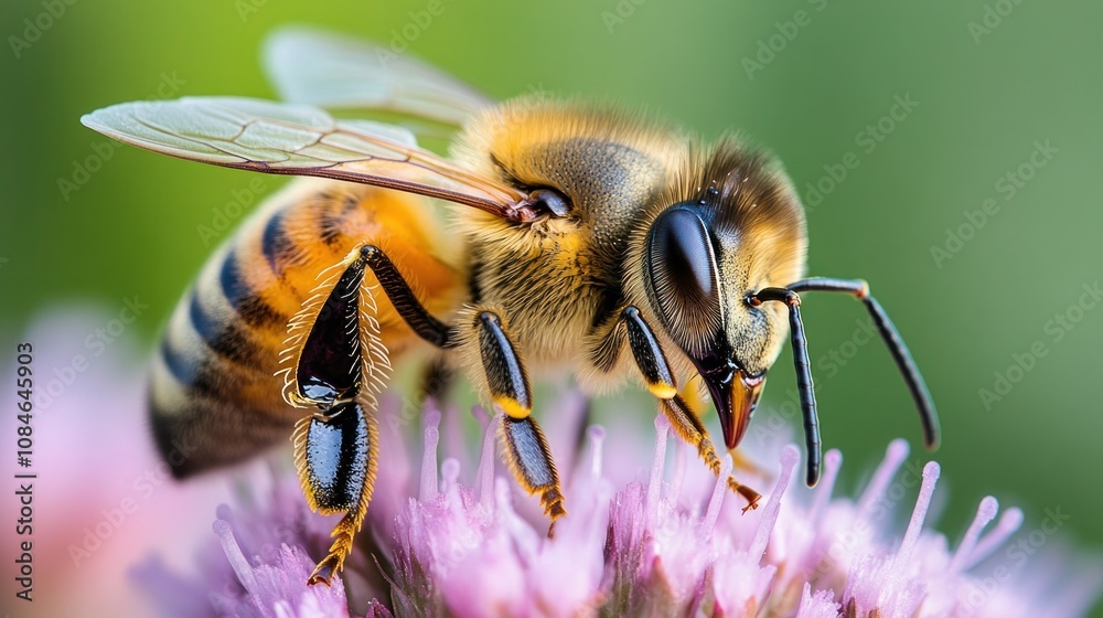 A close-up of a honey bee collecting nectar from a pink flower. A close-up of a honey bee collecting nectar from a pink flower.