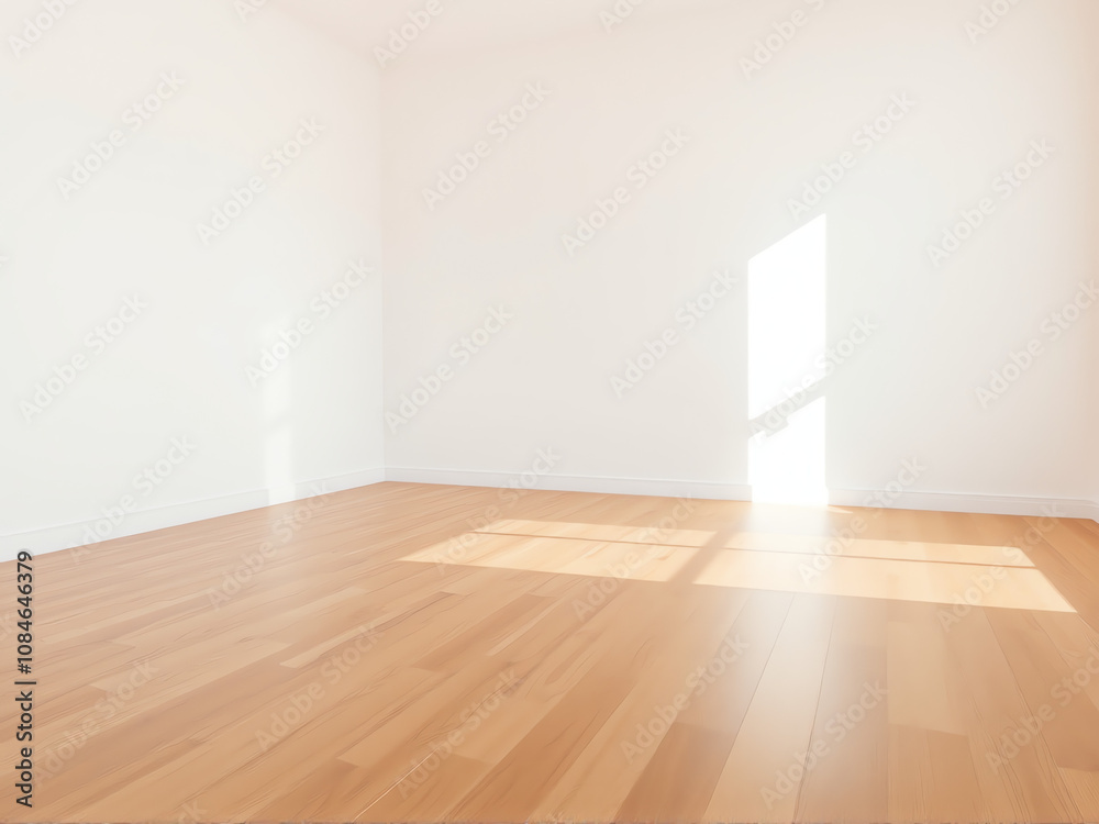 Fototapeta premium Bright and empty interior with wooden flooring and sunlight streaming in during the afternoon hours