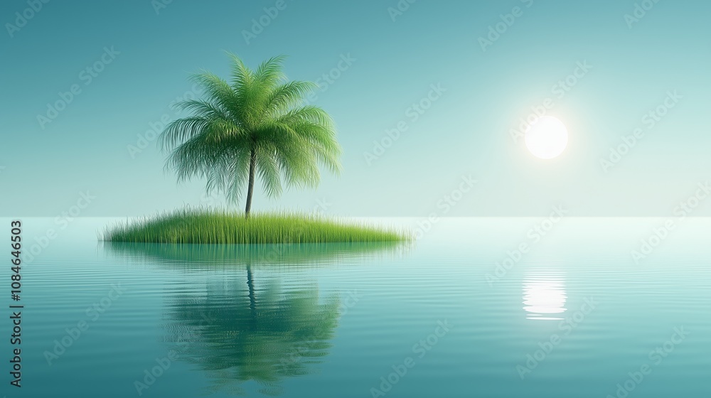 Fototapeta premium A tranquil vector illustration of a small tropical island featuring a lush green palm tree surrounded by calm turquoise waters. 
