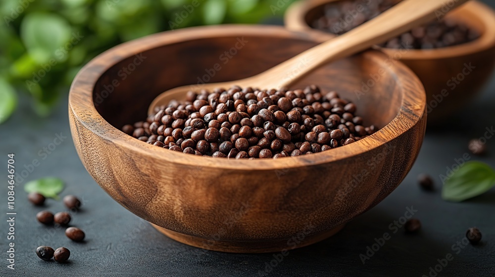 Dark Brown Seeds in Wooden Bowl, Healthy Food Concept Dark Brown Seeds in Wooden Bowl, Healthy Food Concept
