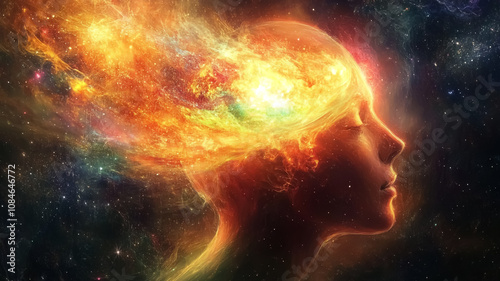 A human mind set against a cosmic background, featuring a detailed brain and face merging with the universe