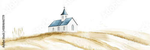 Banner digital watercolor  cute white church with charm architecture, delicate chapels stand building, offer peaceful backdrop reflect, quiet beauty of religion, tradition, soft and white monotone.