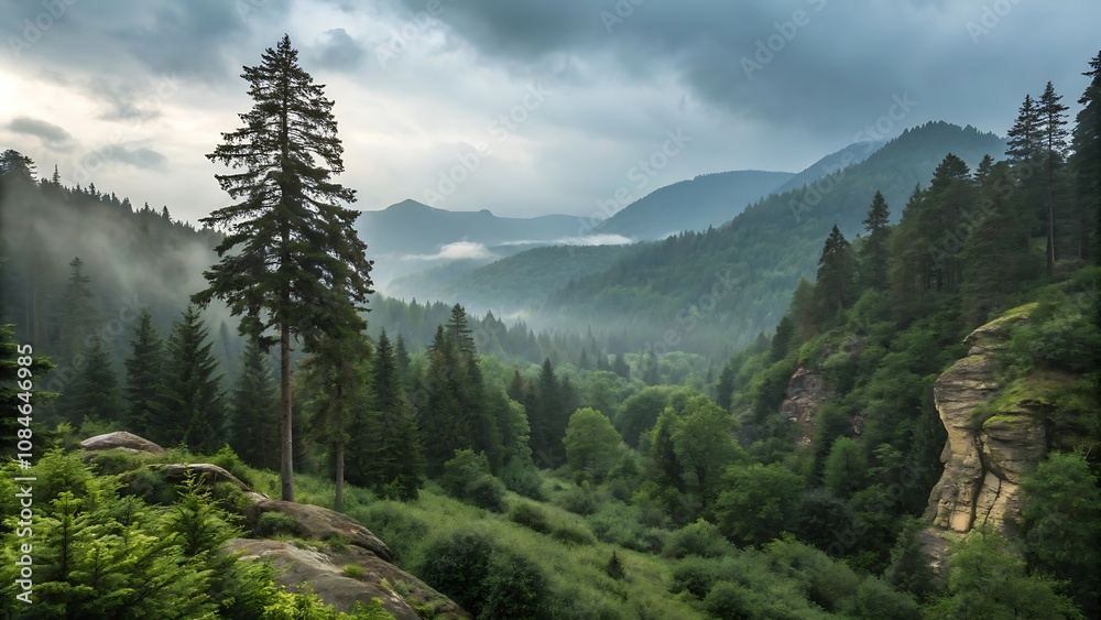 Fototapeta premium Forest in the mountains. JPG, AI GENERATED 