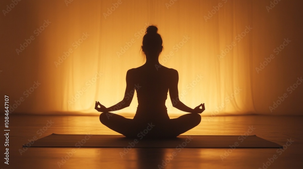 Silhouette of a woman meditating in a yoga pose in a dimly lit room. Silhouette of a woman meditating in a yoga pose in a dimly lit room.