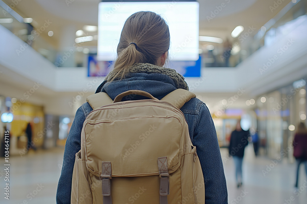 Back view of a young woman with a backpack walking through a vibrant shopping mall, surrounded by glowing lights, modern interiors, and holiday decor, capturing urban exploration, seasonal shopping Back view of a young woman with a backpack walking through a vibrant shopping mall, surrounded by glowing lights, modern interiors, and holiday decor, capturing urban exploration, seasonal shopping