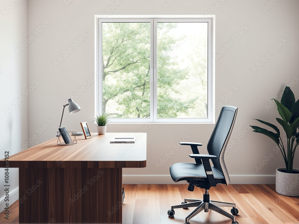 Fototapeta premium Cozy home office with modern desk, ergonomic chair, and natural light streaming in through the window