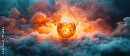 A glowing orb sits in a swirling cloud of orange and blue smoke, a mystical and ethereal scene.