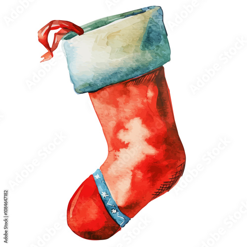 A watercolor painting of a Christmas stocking, isolated on a white background. Christmas stocking vector.