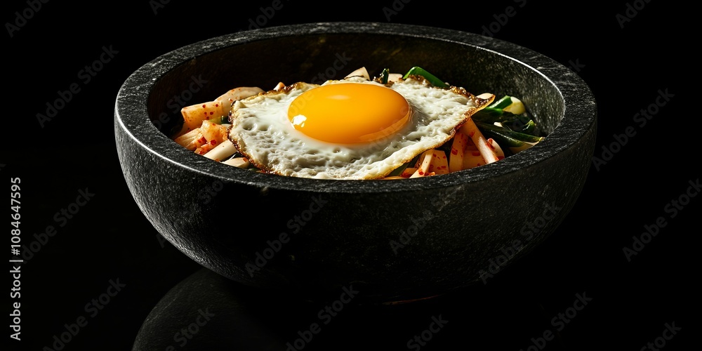 Traditional Korean Stone Bowl with Bibimbap and Sunny-Side-Up Egg Traditional Korean Stone Bowl with Bibimbap and Sunny-Side-Up Egg